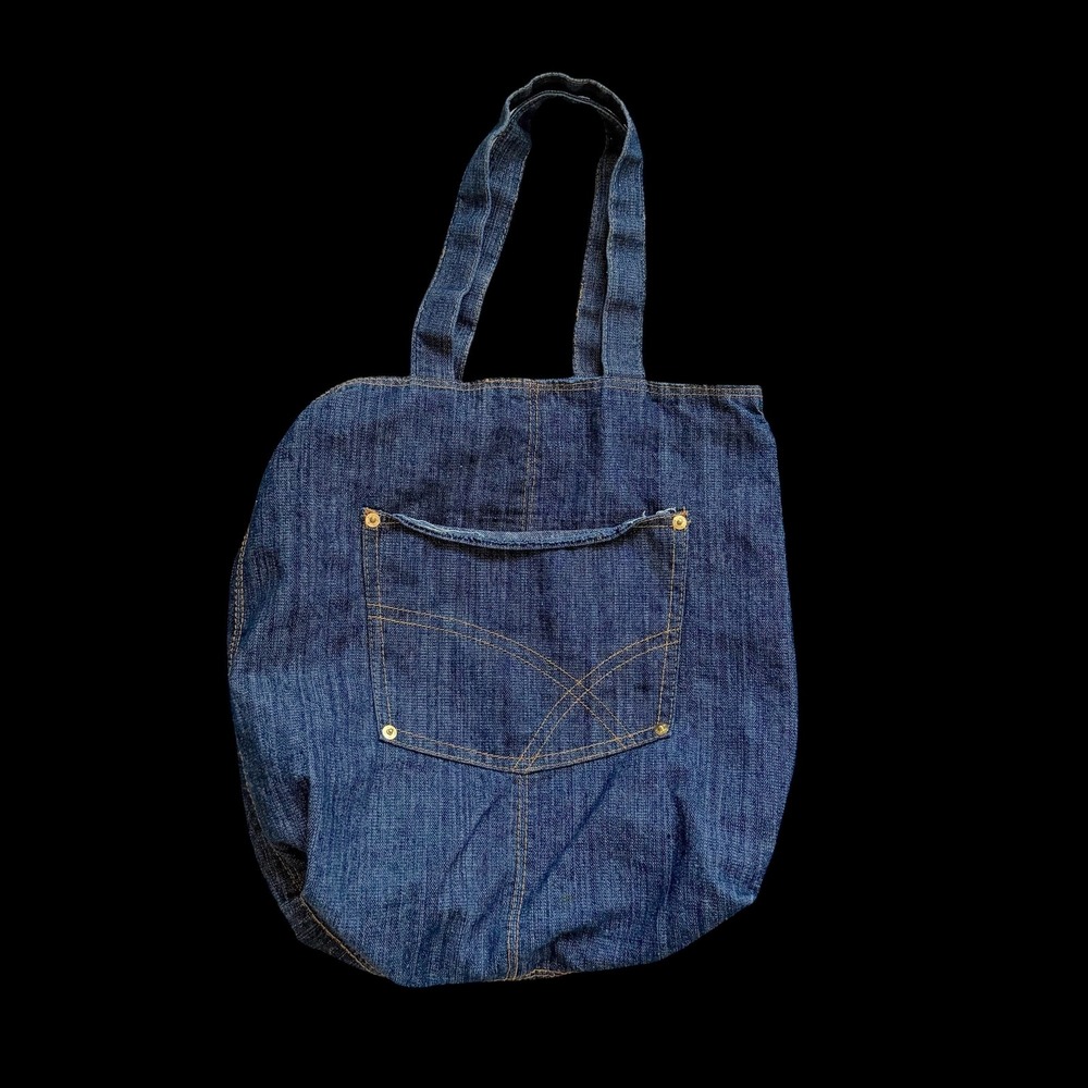 Vintage Handmade Dark Wash Denim Tote Bag Exterior Pocket Indigo Blue Shopper